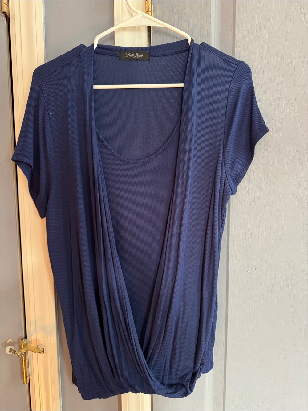 Laila Jayde: Navy Draped Short-Sleeve Top-Size L